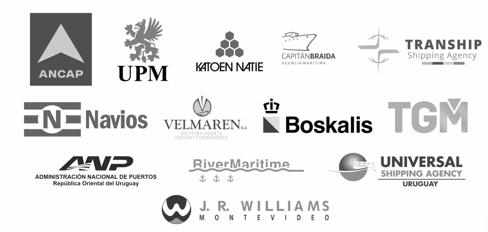 Logos de clientes: ANCAP, UPM, Katoen Natie, Capitán Braida, Tranship, Corporación Navíos, Velmaren, Boskalis, TGM, ANP, River Maritime, Universal Shipping Agency y J. R. Williams